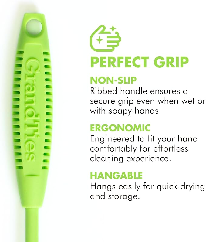 GrandTies Silicone Cleaning Brush Set | Extra Long Brush for Narrow Neck, Water Bottle, Cup, Mug, Blender, Tumbler, Hydro Flask, Baby Bottle, Wine Glass (Fresh Mint)