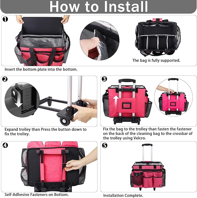 Extra Large Rolling Cleaning Caddy Bag with Detachable, Foldable Trolley Portable Cleaning Cart for Housekeeping Cleaning Caddy with Adjustable Shoulder Strap and Multiple Storage Pockets