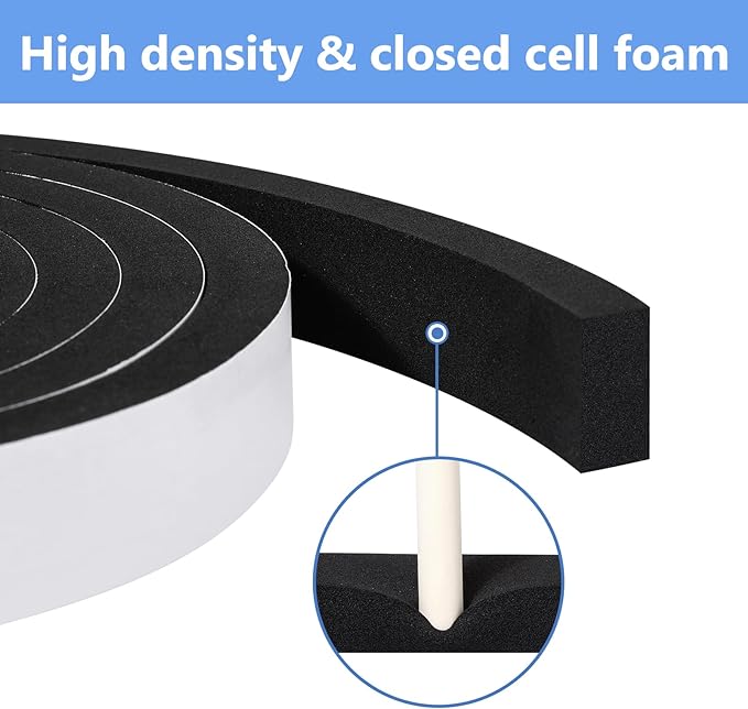 Weather Stripping Door Seal Strip- 1/2 Inch X 2/5 Inch X 13Feet, Strong Adhesive, Lightproof, Soundproof, Weatherproof Foam Tape Insulation for Sliding Door, Front Door Frame, Windows- Black