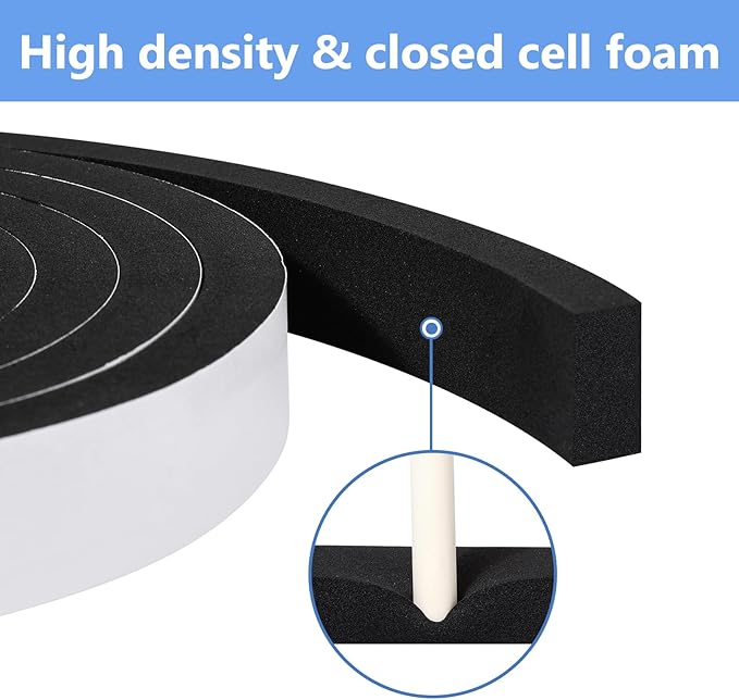Weather Stripping Door Seal Strip (3/5 Inch X 1/8 Inch X 26Feet), Strong Adhesive, Lightproof, Soundproof, Weatherproof Foam Tape Insulation for Sliding Door, Front Door Frame, Windows- Black