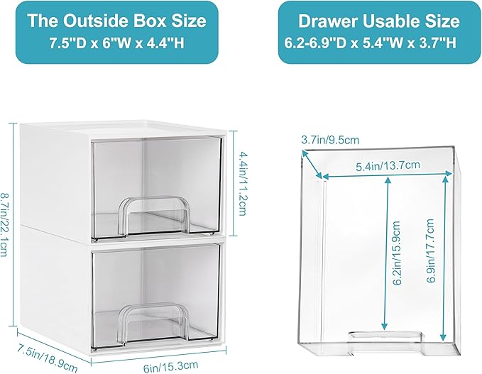 Vtopmart 4Pack Small Stackable Storage Drawer, Bathroom Makeup Organizer,Plastic Storage Bins For Vanity, Undersink, Kitchen Cabinets, Pantry, Home Organization(White)