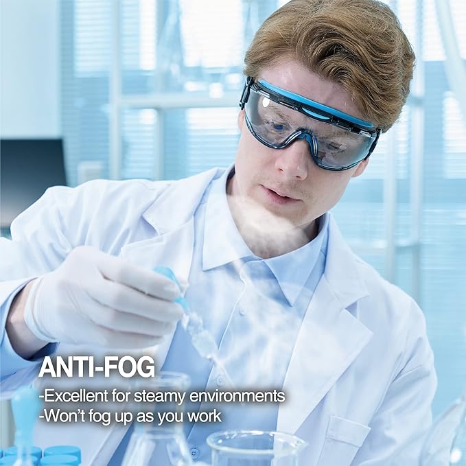 DEX FIT Protective Safety Goggles SG220; Anti Fog & Scratch, Z87 Eye Protection for Lab, Science, and Chemistry Work, Adjustable for Women and Men, (Black & Orange Frame, Clear Lens, 19cm Strap)