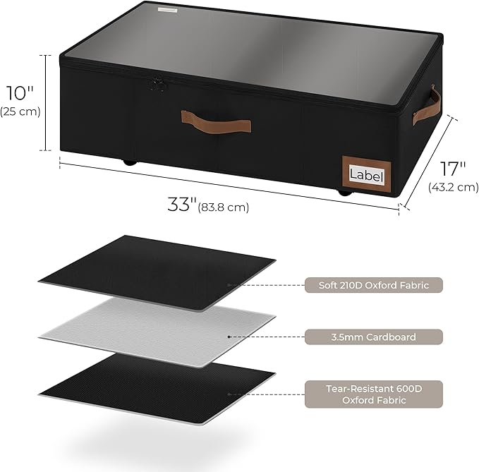 StorageWorks Under Bed Storage with Wheels, 10'' Underbed Storage Containers with Lid, 90L Clothes Organizer for Blankets, Sweaters, Bedding, 2-Pack, Black
