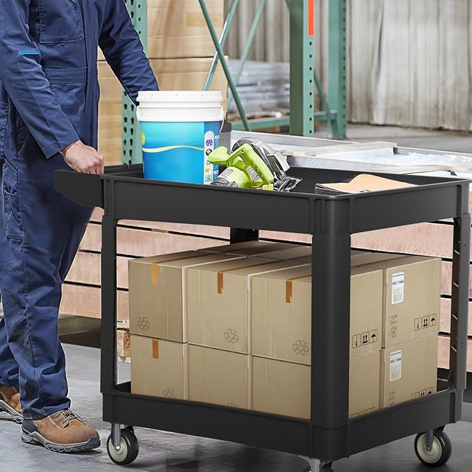 Heavy Duty Rolling Utility Cart with Wheels 2-Tier Utility Plastic Service Work Cart for Shop, Garage, Warehouse, Maintenance 550 lbs