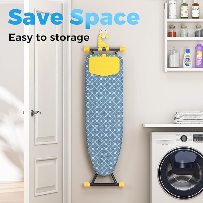 KINGBOARD Ironing Board, Compact Iron Board with Silicon Iron Mat, Heat Resistant Cover, 7 Height Adjustable, Foldable Ironing Board Wall Mount Hanger, 13x43 Yellow