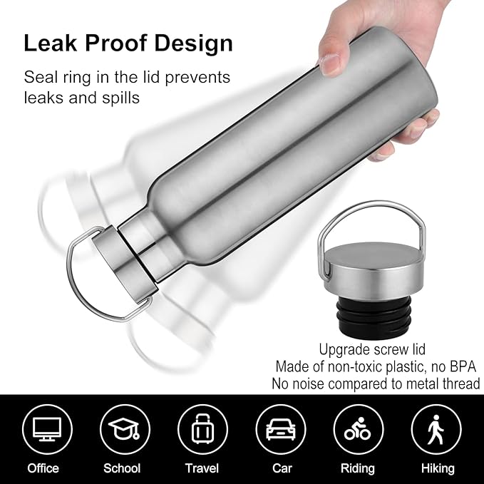 Neihepal 20 oz Insulated Water Bottles Bulk 2 Pack,Stainless Steel Double Wall Sport Bottle with Lid of Handle,Metal Reusable Thermoses Flask with Cup Cap for School,Cyclists,Gift (Silver,Set of 2)