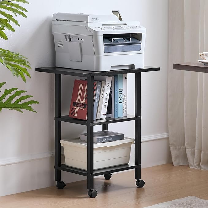 Lerliuo 3 Tier Printer Stand with Storage, Printer Table for Home Office, Wooden Rolling Printer Cart Shelf with Lockable Wheels fit Fax Machine, Scanner(Black)