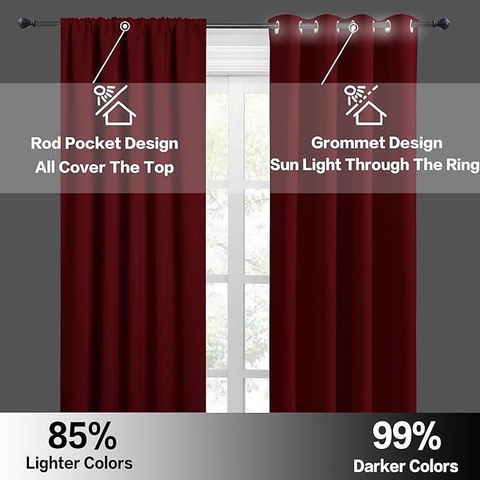 RYB HOME Short Curtains for Bathroom - Half Window Kitchen Curtains, Insulated Drapes Blackout Panels for Bedroom/Living Room, W 29 x L 24 inches Each Panel, Burgundy Red, 2 Panels