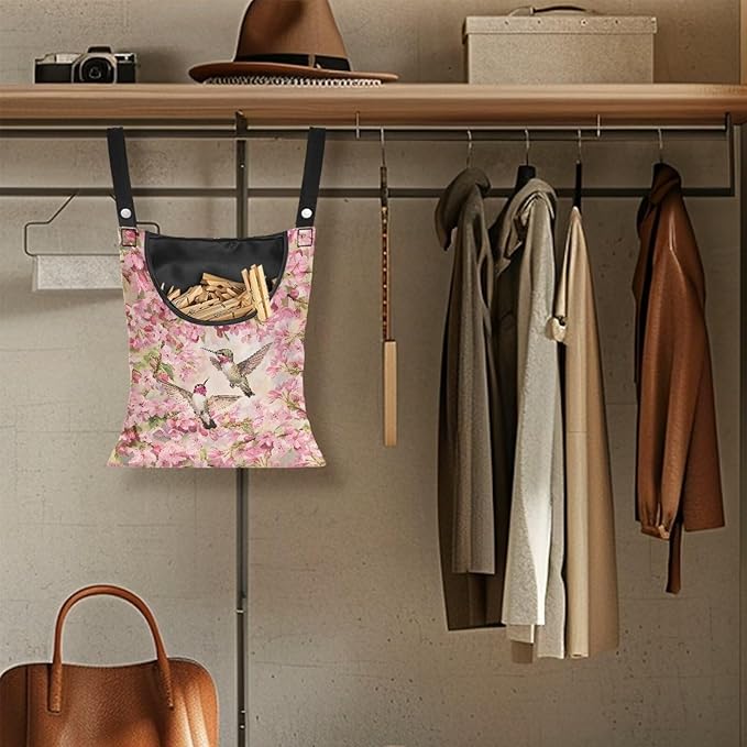 Hummingbird and Cherry Blossom Clothespin Storage Bag, Space-Saving Organize Clothespin Bag with A Large Opening for Clothesline Outdoor