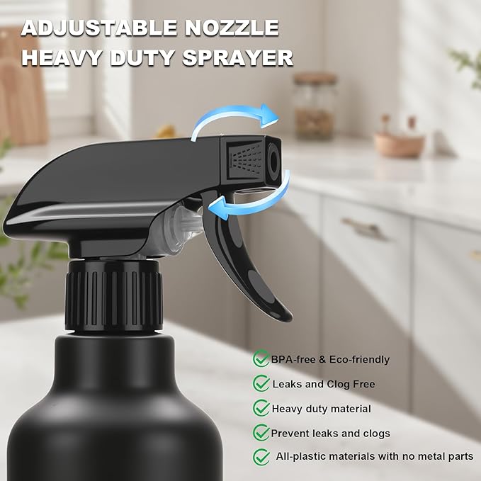 Spray Bottles 16.9oz/500ml Plastic Empty Spray Bottle for Hair Mist/Stream Spraying Heavy Duty Water Spray Bottles for Cleaning Solutions, Plants 2 Pack (Black)