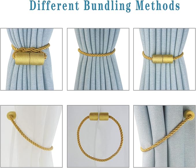 Magnetic Curtain Tiebacks 4 Pack Gold Curtain Rope Tieback Curtain Holders for Drapes Modern Tie Backs Decorative Curtain Holdbacks