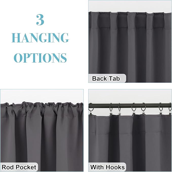 RYB HOME Blackout Curtains for Living Room, Back Tab & Rod Pocket Top Insulating Window Decor for Bedroom Dining Sliding Glass Door Home Office, W 62 x L 84, Grey, 2 Panels