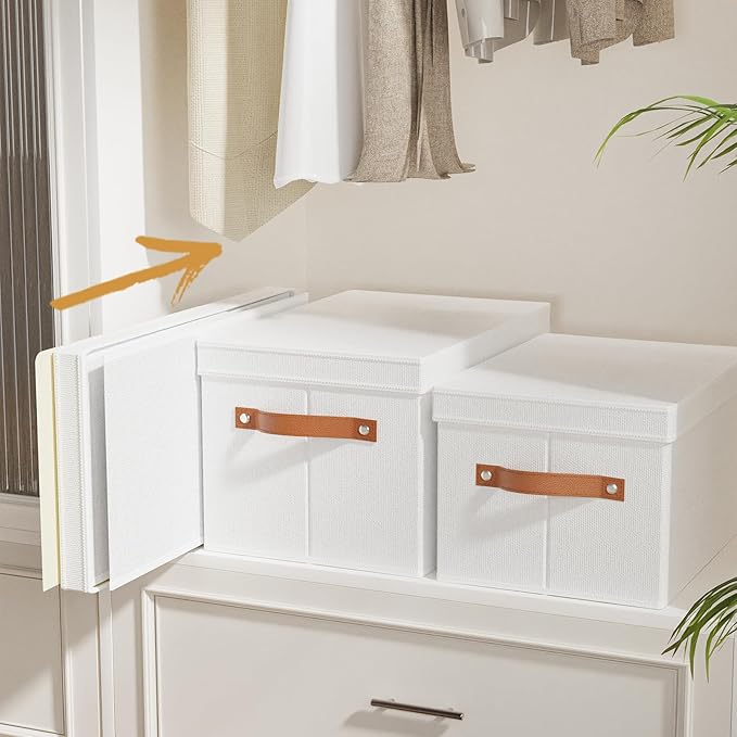 Fabric Storage Bins, Clothes Boxes for Shelves with Lids, 1 Pack Baskets for Organizing with Handles, Decorative Linen Closet Organizers, White, 16.5 x 11.8 x 10.2 Inch