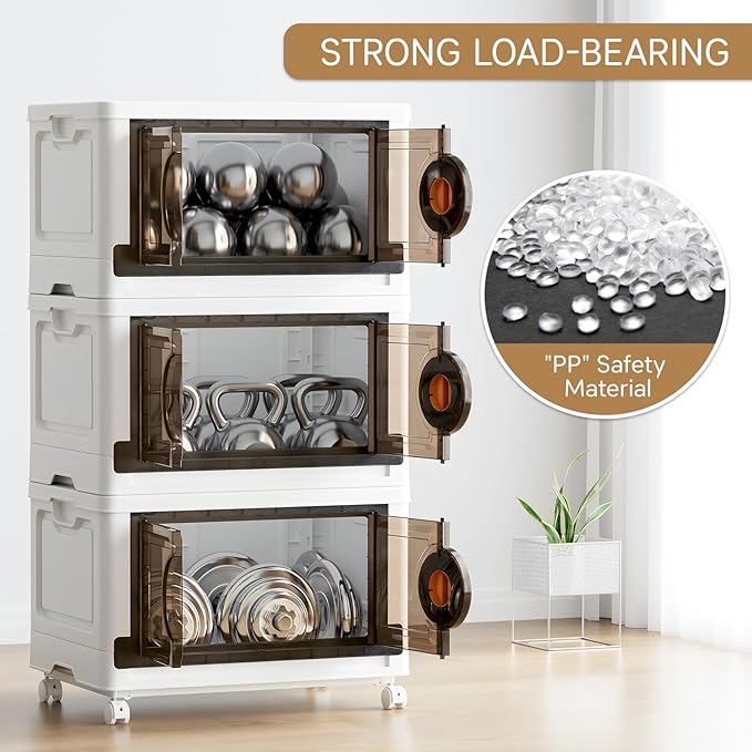 JEKO&JEKO 332Qt Lockable Stackable Storage Bins with Lids, Collapsible Closet Organizer with Wheels, Plastic Cabinet Drawer for Clothes, Dorm Room 4 Pack (White)