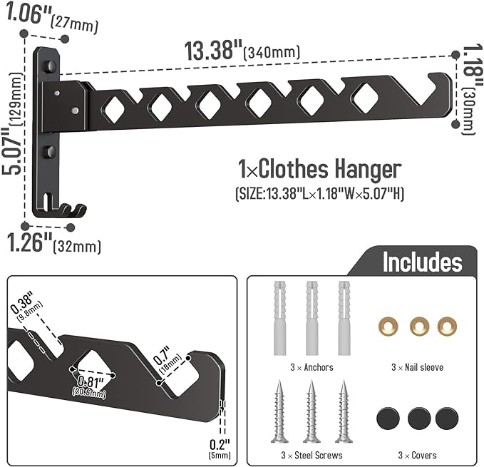 Wall Mounted Clothes Drying Rack, Wall Clothes Hanger Foldable, Laundry Hanger Hook for Bathroom, Wall Clothes Rack Indoor, Perfect for Small Spaces, Matte Black