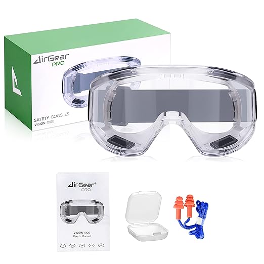 AirGearPro Vision-1000 Anti-Fog Safety Goggles | Impact Resistant Protective Goggles | ANSI Z87.1 Work Goggles for Painting, Sanding, Dust, Woodworking, Construction, Chemistry, Laboratory (1 Pack)