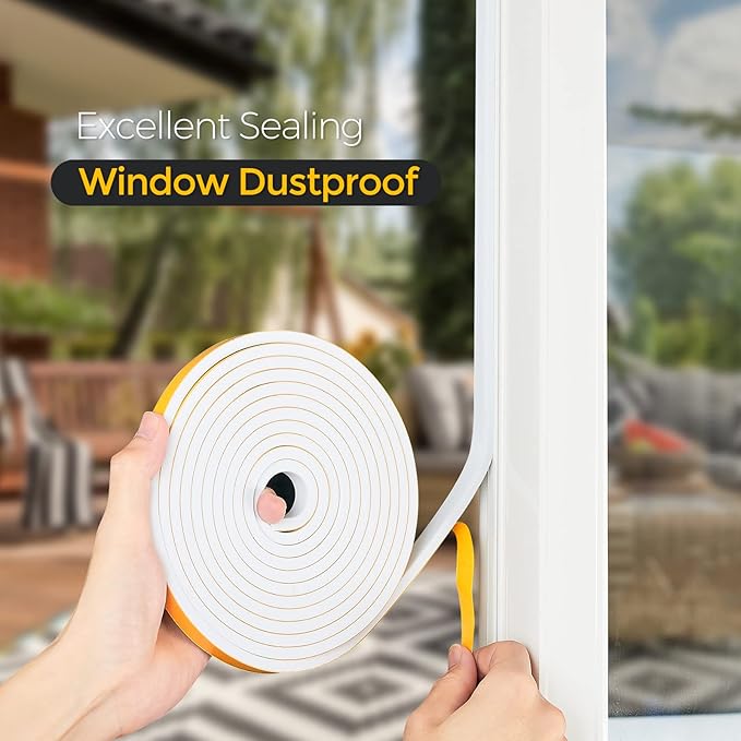 10 Feet Weather Stripping Door Seal, 3/4" Wide X 5/16" Thick Door Seal Strip High Density Foam Tape Adhesive Strip for Door Soundproofing,Window Insulation (3/4" x 5/16" x 10FT,White)