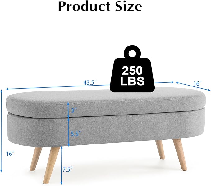 Storage Bench, 43" Storage Ottoman Bench for Bedroom, Upholstered Entryway Benches with Seating, Rubber Wood Legs, Shoe Storages Benches for Bedroom, Living Room, Entryway, Bed Side, Grey