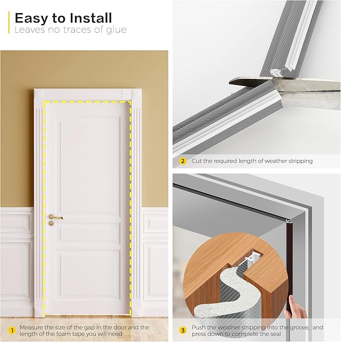 Weather Stripping Door Seal Strip Soundproof Q Foam Tape, Exterior Door Insulation Strip for Large Gap, Easy to Install(Grey, 40FT)
