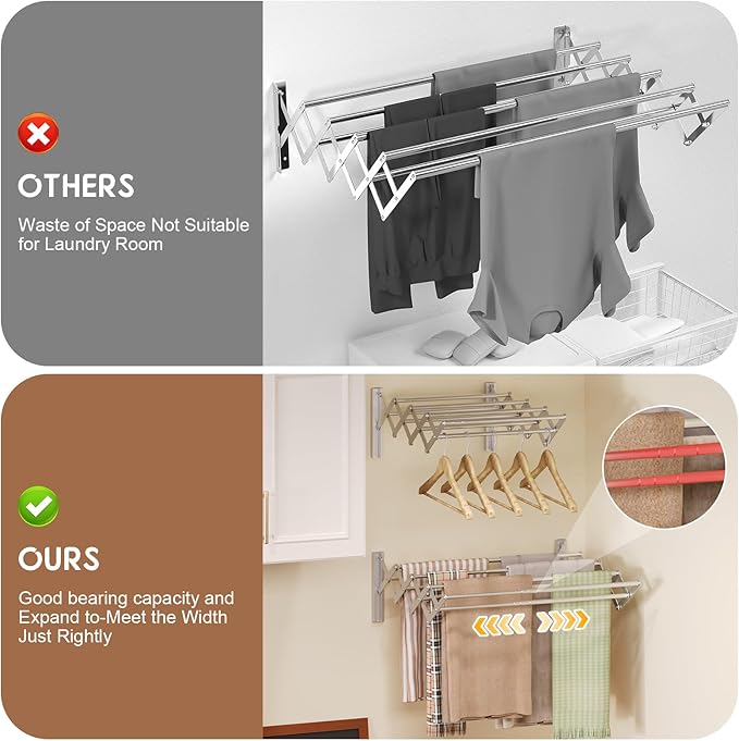 X-cosrack Wall Mounted Clothes Drying Rack, Wide Large Rustproof Retractable Laundry Drying Rack, 8 Bar Space-Saving Aluminium Alloys Clothing Hanger Drying Racks forLaundry