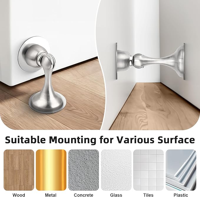 Probrico Brushed Nickel Magnetic Door Stoppers for Bottom of Door, Stainless Steel Magnet Door Catch Door Stops to Keep Door Open, Heavy Duty Door Holder, Wall and Floor Mounting, 2 Pack
