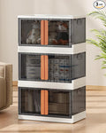 19Gal Collapsible Storage Bins with Lids & Wheels - 3 Pack Stackable with Doors, Heavy-Duty Plastic Containers for Home/Office, White