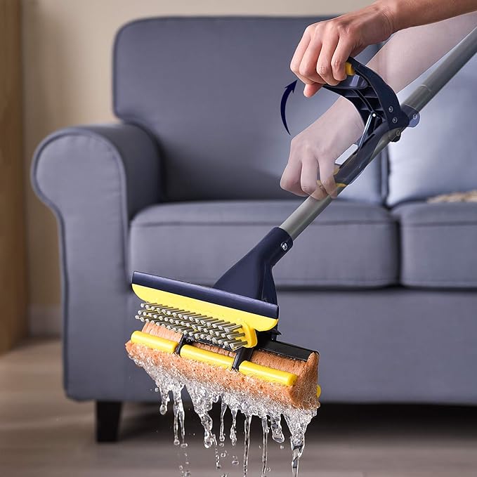 Yocada Sponge Mop Home Commercial Use Tile Floor Bathroom Garage Cleaning Total 2 Sponge Heads NOT 3 Telescopic Handle Squeegee from 42.5 to 52 Inches Easily Dry Wringing only 2 Heads