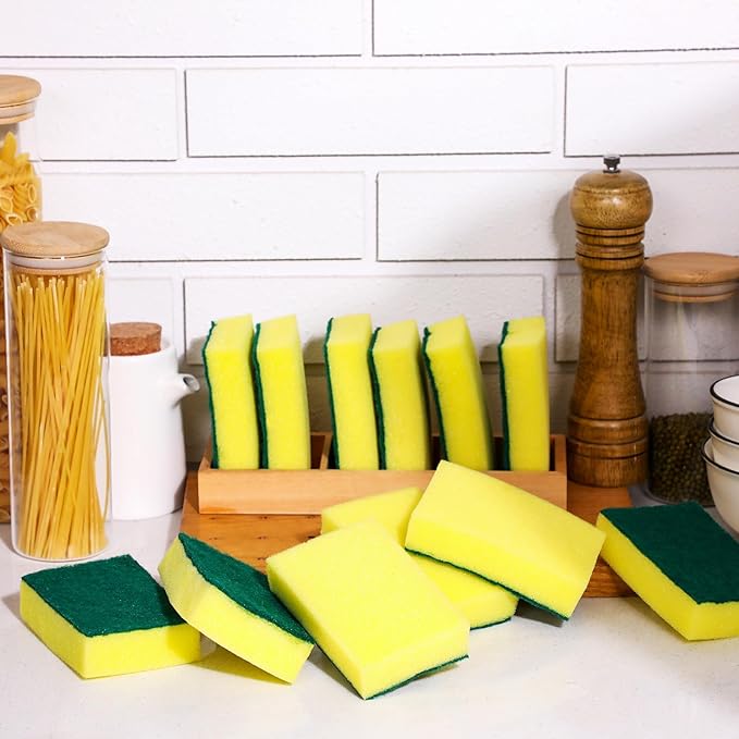Tanlade 60 Pcs Individually Wrapped Sponge Dishwashing Sponge Bulk Non Scratch Scrub Sponges Kitchen Scouring Pad for Household Cleaning Rental Dishes Hotel Apartment Car (Yellow,Green)
