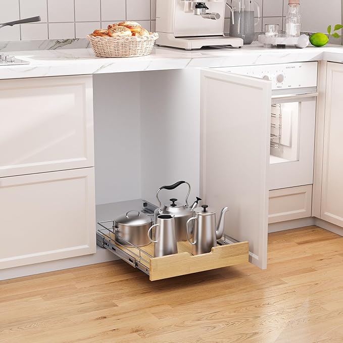 Pull Out Cabinet Organizer,Heavy-Duty Slide Out Shelf, Wood And Wire Basket, Pull Out Drawer for for Kitchen Under Sink Space, Pantry, Bathroom (11 * 21 WM)