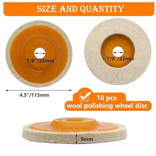 10 Pcs 4.5 Inch Wool Felt Polishing Wheel Disc,Wool Polishing Wheel Disc for 7/8Inch Arbor Angle Grinder, for Metal Aluminum,Stainless Steel, Chrome, Jewelry, Wood, Plastic, Ceramic, Glass