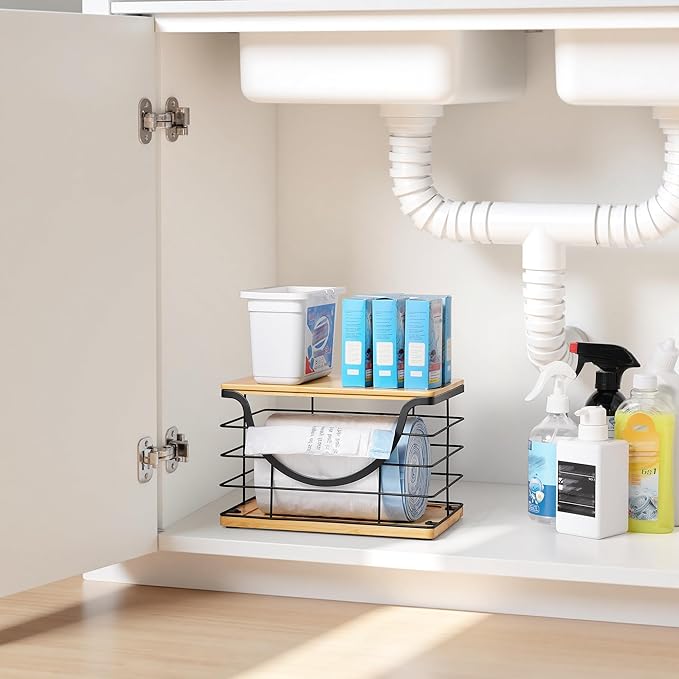 Extra Large Trash Bag Holder Under Sink Organizer Stackable Pantry Organizers and Storage with Lid, Wall Mounted Garbage Bag Dispenser Roll Holder for Kitchen Laundry Room Organization