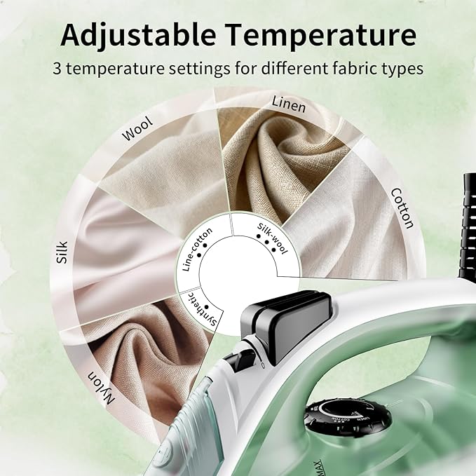 Martisan 2000W Powerful Steamer, Steam Iron for Clothes, Non-stick Soleplate, 4-in-1 Iron, Anti Drip, Fast Heating, Adjustable Temperature, Spray & Burst Steam, Green