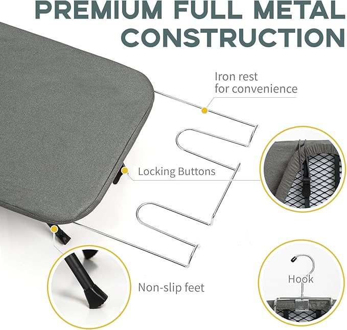 Small Ironing Board Tabletop, RAINHOL Compact Portable Iron Board Foldable with Cover and Pad, Countertop Mini Ironing Table for Travel and Space Saving, 31"x12", Black