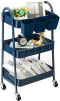danpinera 3-Tier Rolling Cart, Metal Rolling Storage Cart with Lockable Wheels & Hanging Cups & Hooks, Mobile Trolley Cart for Kitchen, Bathroom, Office, Workshop, Dark Blue