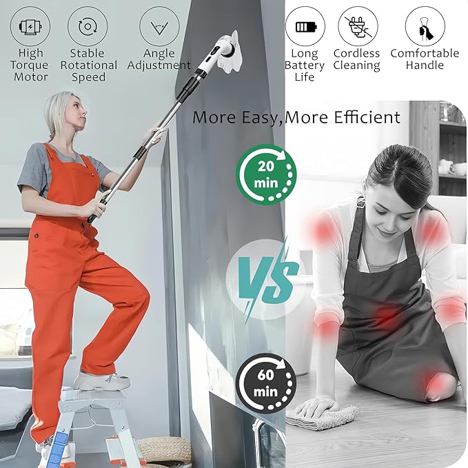 Electric Spin Scrubber, Cordless Cleaning Brush with 9 Attachment Shower and Grout Cleaner, Adjustable Extension Handle, IPX7 Waterproof for Tile Floor Tub Car (White)