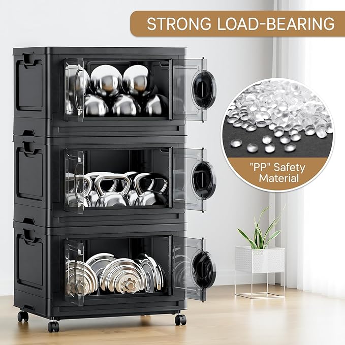 JEKO&JEKO 332Qt Lockable Stackable Storage Bins with Lids, Collapsible Closet Organizer with Wheels, Plastic Cabinet Drawer for Clothes, Dorm Room 4 Pack (Black)