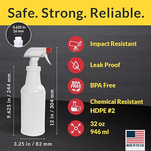Pinnacle Mercantile Plastic Spray Bottles Leak Proof Technology Empty 32 oz Pack of 10 Made in USA