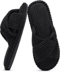 Evshine Summer House Slippers for Women Corduroy Cross Bow Indoor Slippers Open Toe Slip On Bedroom Shoes with Memory Foam