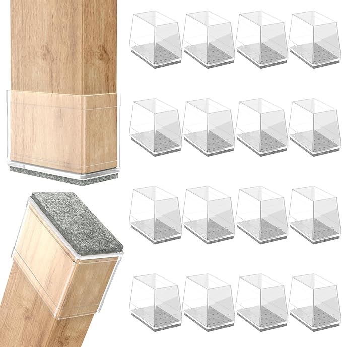 Rectangle Chair Leg Protectors for Hardwood Floors,16 PCS Silicone Covers to Protect Wood Tile Floors Felt Pads Furniture Leg Caps Reduce Noise. Easy to Move.(Clear,0.5 x 2 Inch,Rectangular)