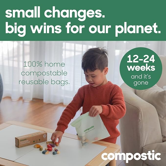Compostic Home Compostable Resealable Sandwich Bags (7"x7"), Microwave & Freezer Safe, Organic Food Storage Container, 100 Count (Pack of 2)