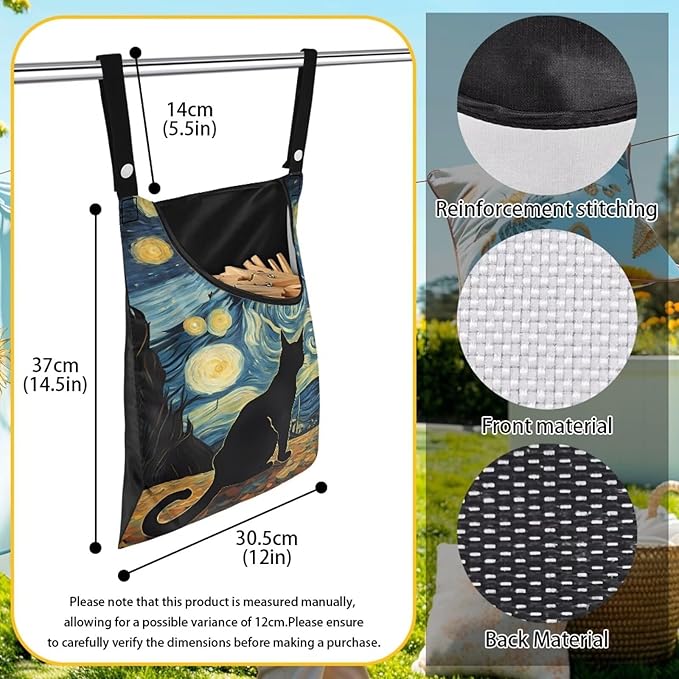 Button Fastening Clothespin Holder 14.5"x12" - Large Access Opening with Durable Binding - Professional Grade Hanging Organizer for Daily Laundry Needs Starry Night Kitten Print