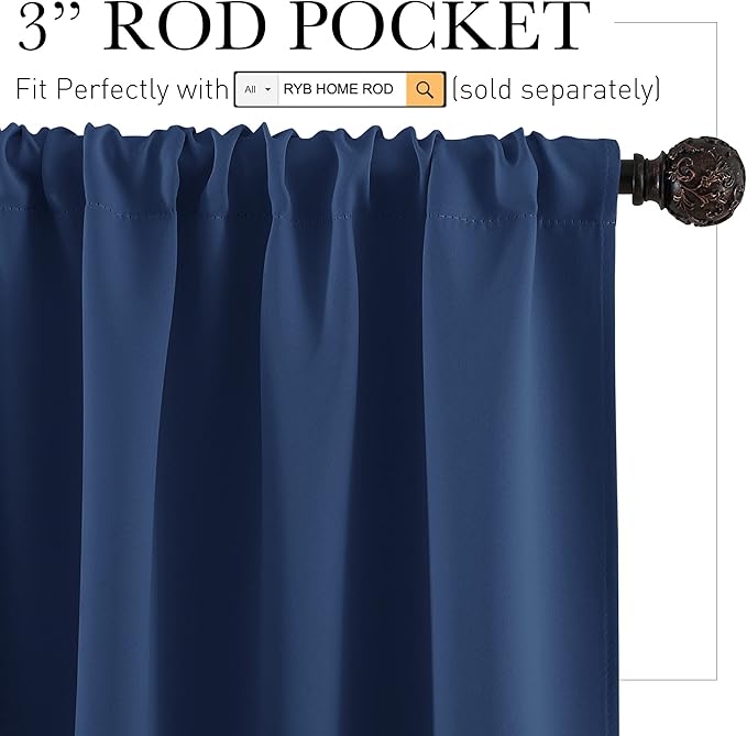 RYB HOME Small Curtains for Kitchen Window - Blackout Privacy Portable Curtain Set for Bedroom Office Bathroom Basement Garage Storage Enclosure RV Bunk, W 34 x L 30 inch, Navy Blue, 2 Pcs