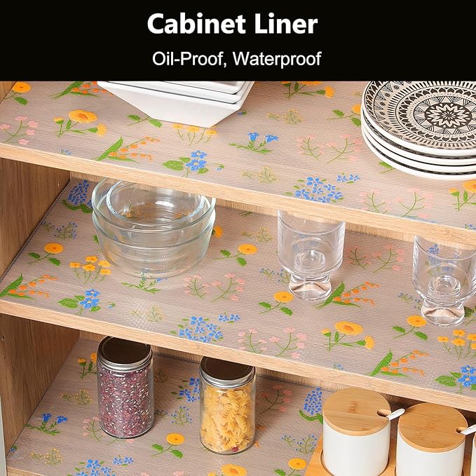 INNOLITES Non-Slip Shelf Liner – Cabinet & Drawer Liner Non-Adhesive – Waterproof Oil-Proof – Durable EVA with Floral for Kitchen Cabinets Refrigerator – BPA-Free, Easy to Cut