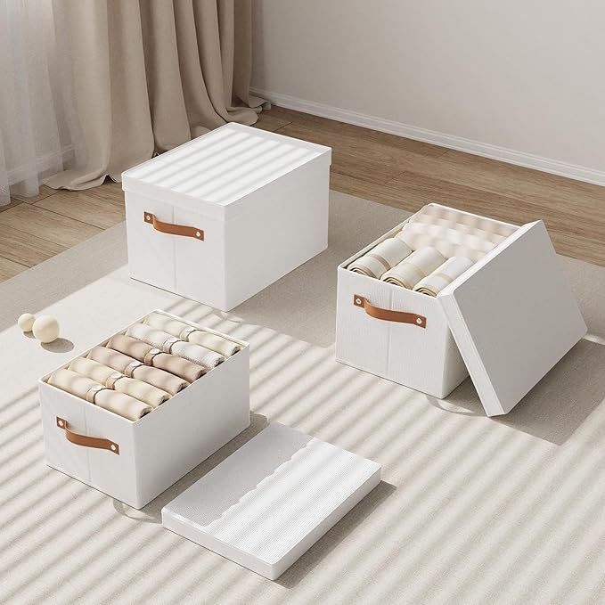 Fabric Storage Bins, Clothes Boxes for Shelves with Lids, Baskets for Organizing with Handles, Decorative Linen Closet Organizers, White, 1 Pack, 15 x 9.8 x 8.3 Inch