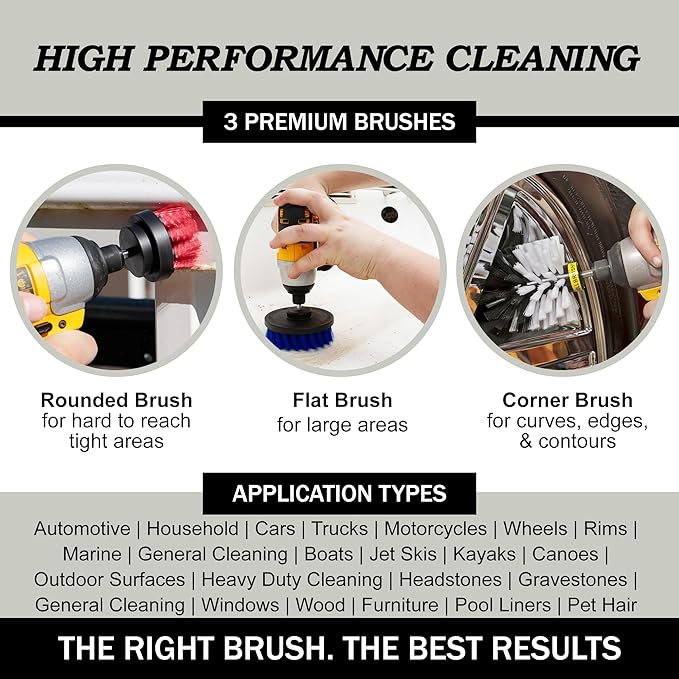 Drill Brush Attachments for Cleaning Carpet, Chairs, Seats, Wheels, Vinyl, Bathroom, Bathtubs, Shower, Tile, Grout, Trucks, Boats - Drill Brush for Car Detailing - Car Detailing Kit Interior Cleaner