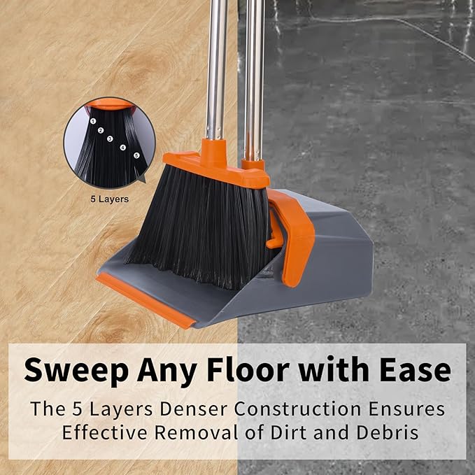 Broom and Dustpan Set with 51'' Long Handle, Upright Broom and Dustpan Combo for Home Kitchen Office Restaurant Garage Lobby Dog Cat Pets Hair - Grey and Orange