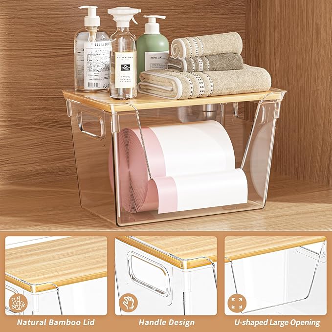 1 Pack Stackable Storage Trash Bag Holder with Bamboo Top, Large Garbage Trash Bag Dispenser, laundry room organization, Kitchen Pantry Organizer Storage for Onion, Potato, Snack