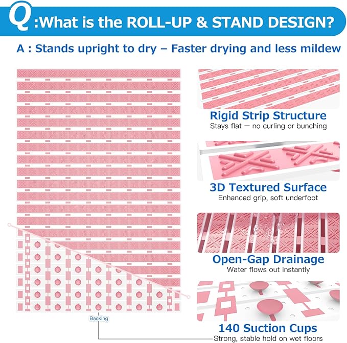 Matace Non Slip Rubber Bathtub & Shower Mat with Suction Cups, Thick Textured Surface, Fast Drain and Upright Drying Design, No Pooling Water for Better Hygiene, 27 x 16 Inch, Pink