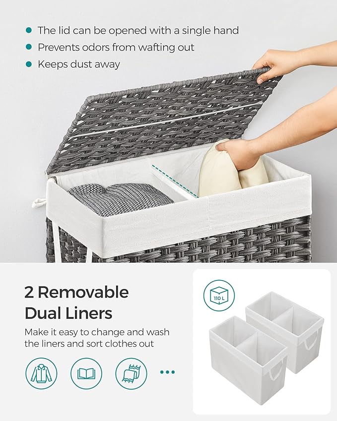 SONGMICS Laundry Hamper with Lid, 110L Clothes Hamper with 2 Removable Liner Bags, 6 Mesh Bags, Wicker Laundry Basket, Double Laundry Hamper for Bathroom, 13 x 22.4 x 23.6 Inches, Gray ULCB52WG