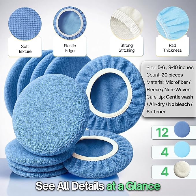 20 Pack Buffing Pads, Polishing Pad Covers, Microfiber & Wool for 9–10 Inch Buffer Polisher; Car Buffer Accessories for Car Detailing Kit; Wax, Polishing Compound & Polish Finishing, Durable Set